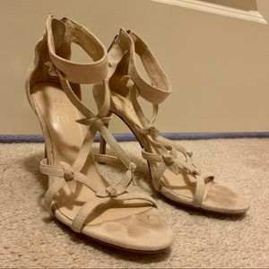 Strappy nude - sand suede heels